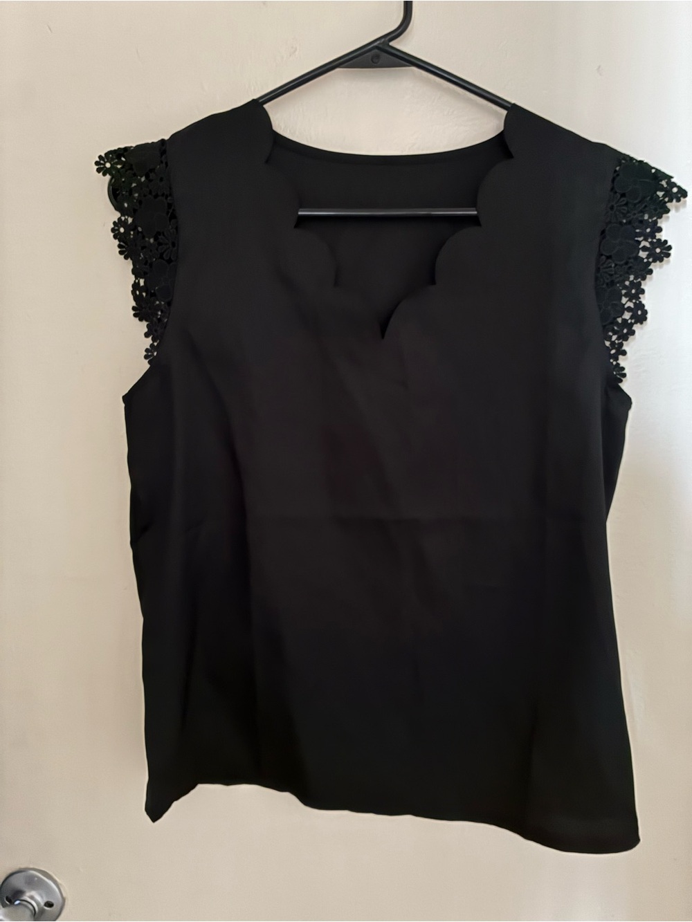Black Sleeveless Scallop Neck Top with Lace Shoulders